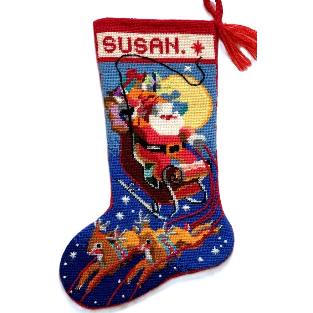 Vtg Handstitched Needlepoint Christmas Stocking Santa Sleigh Reindeer SUSAN 70's